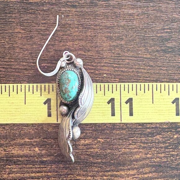 Sterling Silver 925 Turquoise Bezel Set Leaf Design Dangle Earrings 2.25" Length - Picture 10 of 10